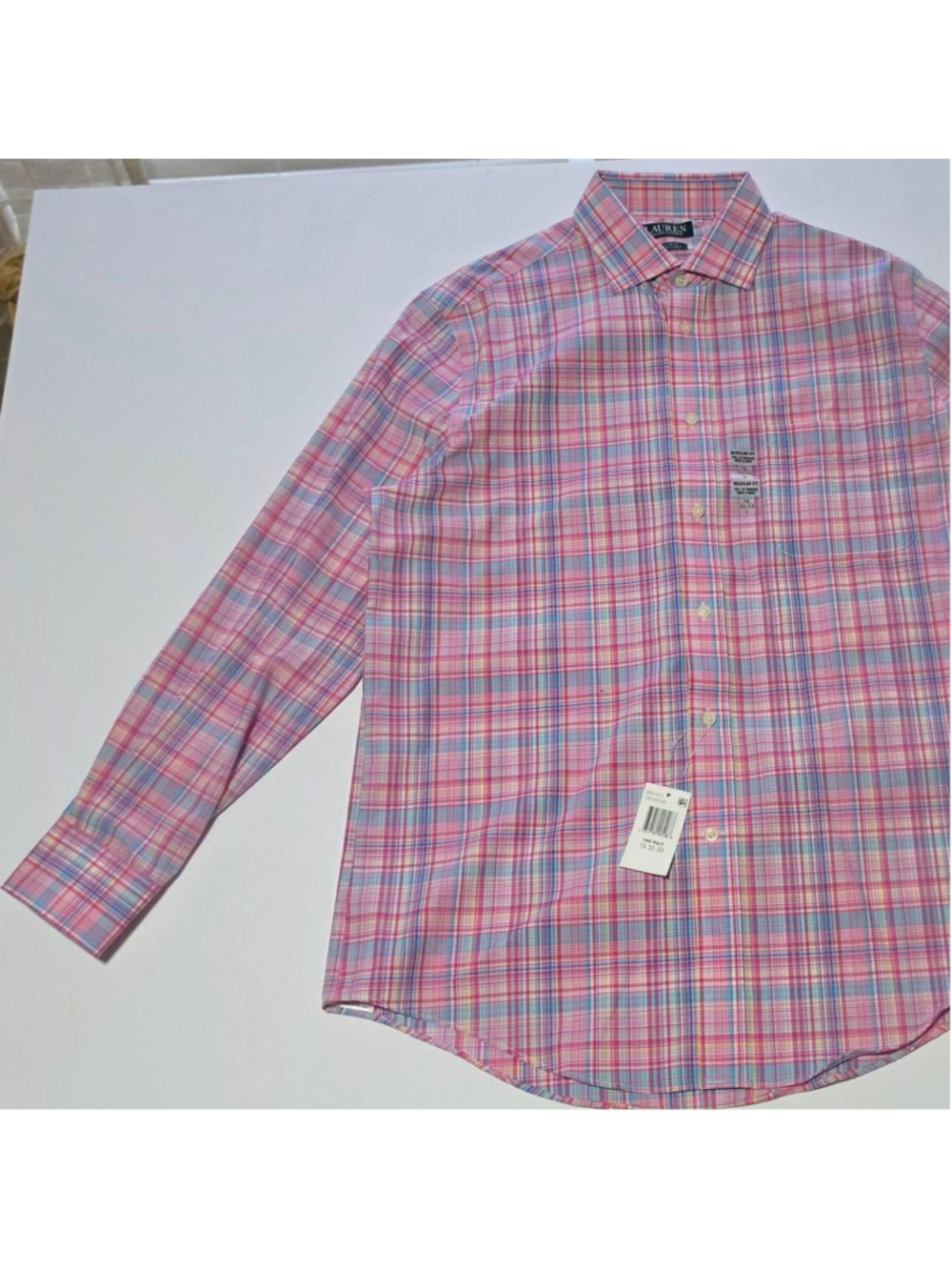 Ralph Lauren NWT pink, blue, and white plaid stretch fabric button-up shirt size